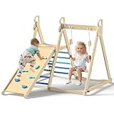 BlueWood 4 in 1 Indoor Jungle Gym, Foldable Wooden Climbing Set with Swing, Slide, Ladder and Climbing Wall, Montessori Philosophy Climber Playset for Kids Aged 2+ (Sky Blue)