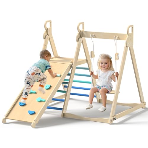 BlueWood 4 in 1 Indoor Jungle Gym, Foldable Wooden Climbing Set with Swing, Slide, Ladder and Climbing Wall, Montessori Philosophy Climber Playset for Kids Aged 2+ (Sky Blue)