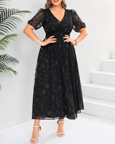 Image of Pinup Fashion Plus Size Wedding Guest Chiffon Semi Formal Maxi Dress | Chiffon, V-neckline, short sleeves, shirred waist, textured floral pattern, maxi length, versatile for all seasons