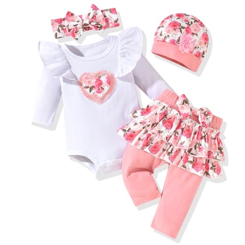 Image of fioukiay Newborn Baby Girl Clothes Infant Girls Floral Love Printed Romper and Ruffle Pants Sets 4pcs Winter Fall Outfits