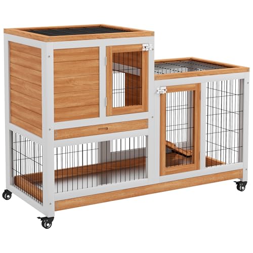 PawHut Conejera de Madera de 2 Niveles Jaula para Conejos con Ruedas Puertas Zona Abierta Rampa y 2 Bandejas Extraíbles Conejera para Interior 110x50x88 cm Natural y Blanco