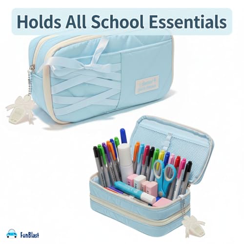 Image of FunBlast Pencil Pouch for Girls - Aesthetic Multi-Compartment Zipper Pouch with Drawstring Pocket, Cute Kawaii Pencil Case, Stylish Stationery Pouch, Return Gift for Kids & School Use (Blueb)