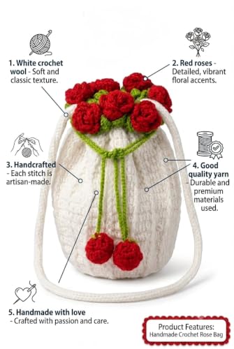 Image of Handmade Crochet Flower Crossbody Sling Bag for Women | Boho Knitted Bucket Shoulder Purse Rose Design