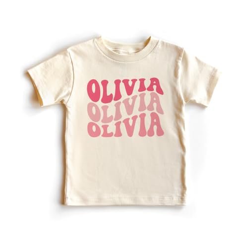 Groovy Pink Girls Personalized Name Toddler Shirt - Retro Custom Name T-Shirt - Natural Toddler Youth Tee