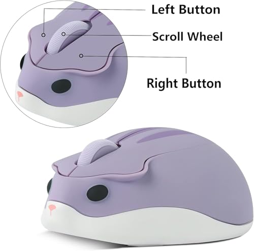 Wireless Mouse Cute Hamster Shape Less Noice Portable Mobile Optical 1200DPI USB Mice Cordless Mouse for PC Laptop Computer Notebook MacBook Kids Girl Boy Men Women Adults School Office Gift (Purple)