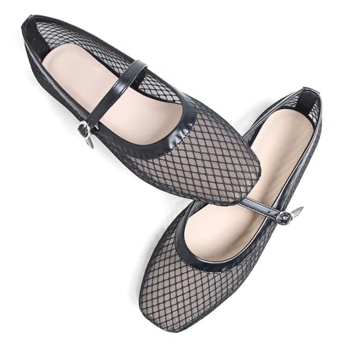 Image of TN TANGNEST Leather Flats for Women Retro Mary Jane Flats | Comfortable Square Toe Slip On Flats with Buckle Strap, Soft Work Flats Office Shoes