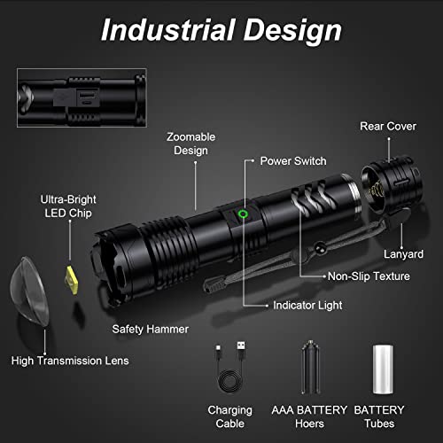 Alicegirl Rechargeable Led Flash Light High Lumen, 200000 Lumens Super Bright Powerful Flashlight, 5000Mah High Capacity, 5 Modes & Zoomable & Waterproof Handheld Flashlights For Camping Emergencies #TOP7