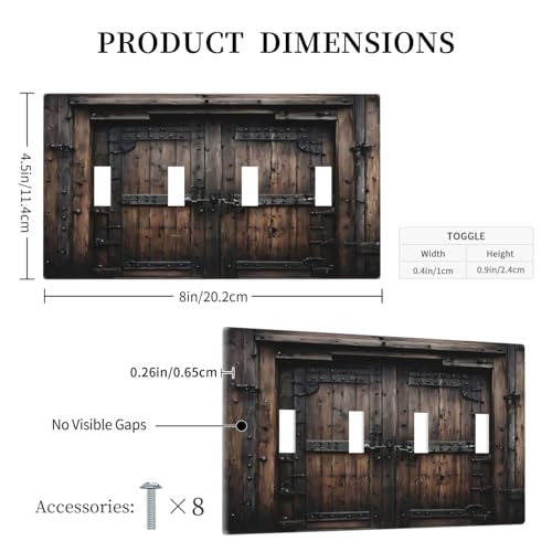 Decorative Light Switch Cover Plate Retro Brown Wood Barn Door Vintage Farmhouse 4 Gang Wall Plate Oversized Quad Toggle Switch Cover Plate Jumbo Faceplate
