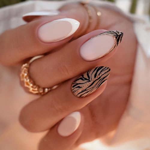 ORZOLATENT Zebra French Tips Press-On Nails – 24 Glossy Almond Nails, 12 Sizes, Chic White & Zebra Pattern, Easy DIY, Includes Tool Kit