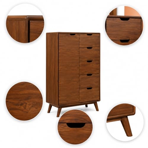Image of Solid Sheesham Wood Tall Storage Cabinet with Drawers & Door | Wooden Multipurpose Organizer Cabinet for Bedroom Living Room Hallway | Mid Century Style Wardrobe Chest Storage Unit