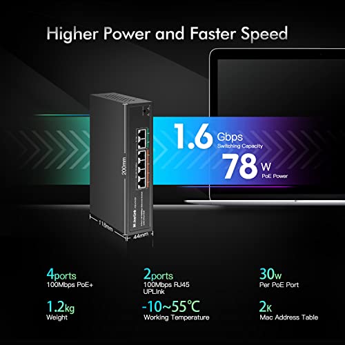 Image of MokerLink 6 Port PoE Switch with 4 Ports PoE+, 2 Fast Ethernet Uplink, 10 /100Mbps, 78W High Power, Support IEEE802.3af /at, Fanless Metal Plug & Play PoE+ Network Switch