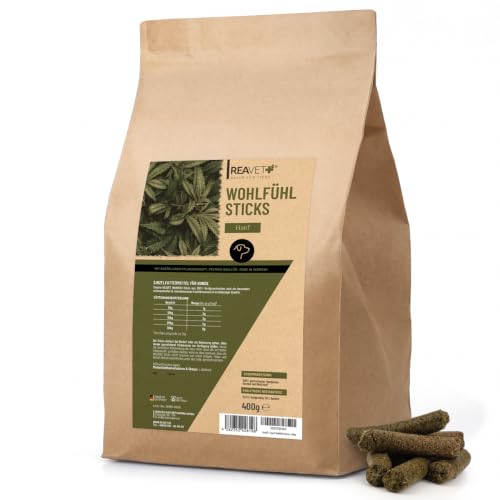 ReaVET Hunde Leckerlis mit Hanf 400g, Wohlfühl Sticks - Natürliche Beruhigung & Entspannung bei Angst oder Stress - Hundeleckerlis, Hundekekse aus Hanfpresskuchen getreidefrei & naturbelassen