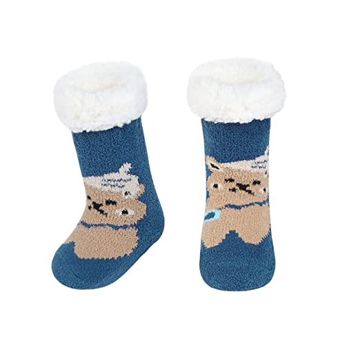 SIQITECHNO 2 Pairs Toddler Winter Slipper Socks Thick Fleece Lined Fuzzy Non Slip Warm Cozy Furry Socks Girls Boys Cute Socks