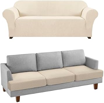 PrinceDeco Stretch Sofa Cover Bundle 3 Piece T Cushion Sofa Seat Covers, Natural