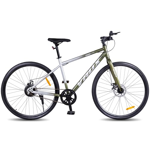 Image of Vaux City-Pro Hybrid Cycle for Men, 19 Inch HI-Ten Steel Frame, Dual Disc Brake, 700x35C Tyres, Double-Wall Alloy Rims, City Bike(Silver-Green, Single Speed, Rigid Fork)