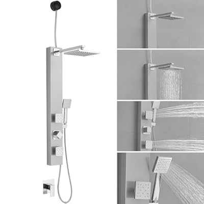 BWE Shower Panel with Rainfall Shower Head 3-Function Faucet Stainless Steel Wall Mount Retrofit Shower System with 2 Body Massage Jets and Handheld Shower,Brushed Nickel