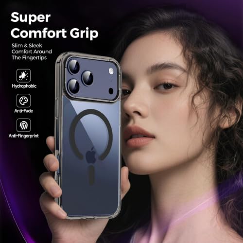 Image of Elzzi Translucent Clear Back Cover Compatible with iPhone 17 Pro, PC Shockproof Scratch Resistant, Non-Yellowing, Support Mag-Safe Wireless Magnetic Charging Case - Black