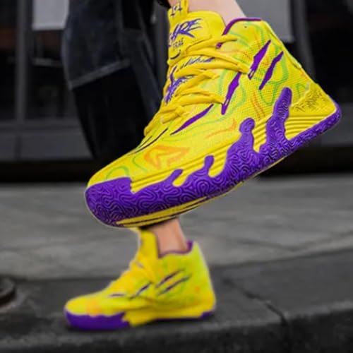 Men's Light Blue High-Top Basketball Shoes with Floral Patterns – Breathable Mesh, Non-Slip Cushioned Sole | Lightweight Gym & Outdoor Sneakers ﻿(Yellow -Purple,8.5)3
