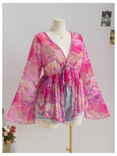 GORGLITTER Women's Plus Size Mesh Bell Sleeve Top 70s Tie Front Paisley Boho Peplum Babydoll Tops Blouse2