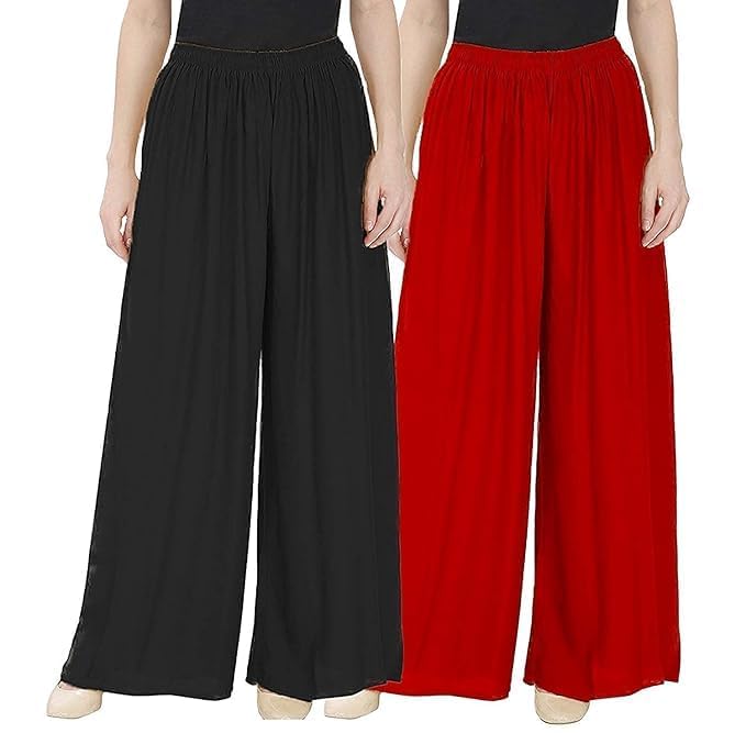 leggfine Womens | Stylish Plazo Pant for Women Kurti Women's and Girls Cotton Reyon Regular Fit Palazzo Pants Pack Off 2 (Black & Red)-picture-20