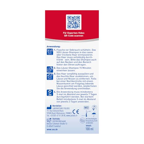 SOS Läuse Shampoo | Beseitigung von Nissen + Kopfläuse | mit natürlichem Wirkstoff für Kinder ab 3 J. + Erwachsene | Läusemittel Haare | 1x100ml …