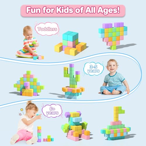 Image of Magnetic Blocks for Toddlers 3+, 56PCS 1.34in Large Macaron Magnet Building Cubes for Kids, Stem Preschool Stack Construction Educational Toys for 3-5 Years Old Boys Girls