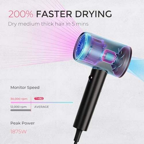 Image of TYMO Diffuser Hair Dryer Blow Dryer - 300 Million Ionic Hairdryer with Diffuser & Comb Attachment for Curly Hair, Professional Blowdryer for Women, Cool Air Button, Small Travel Lightweight, Black