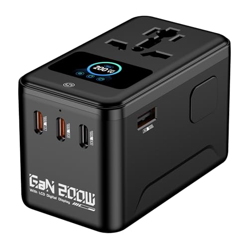 Image of MX 200W GaN Universal Travel Adapter Smart LCD Display Fast Charging Station, Multi Device Charger, USB-C PD 100W International Plug Adapter for 200+ Countries | MacBook, iPhone, Samsung & Laptop