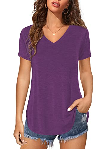 Florboom Shirt Kurzarm Damen Elegant Bluse V-Ausschnitt T Shirt Sommer Tunika Longshirt, Lila M