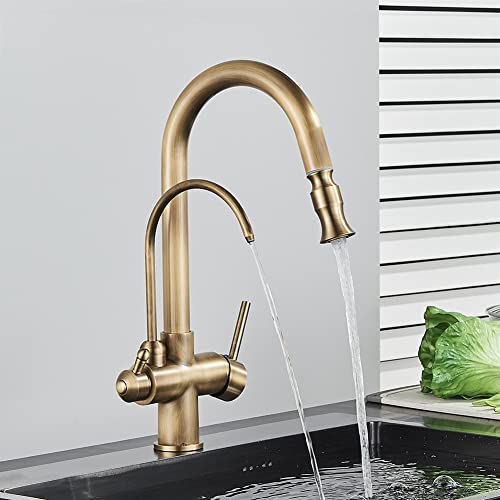 Antikmessing 3-Wege-Küchenarmatur – Zweigriff-Trinkwasserfilter für Warm- und Kaltwasser für optimale Filtration und stilvolles Design