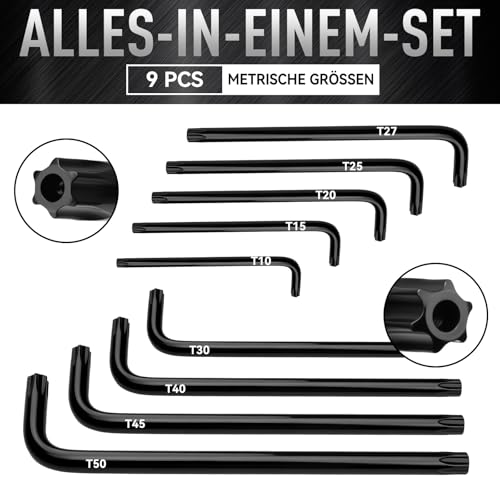 DISEN 9 Stück TORX Innensechskant Satz T10-T50 Langarm Sternschlüssel Satz Winkelschraubendreher Set Chrom Vanadium Stahl Zur reparatur Von Fahrrad und Möbeln