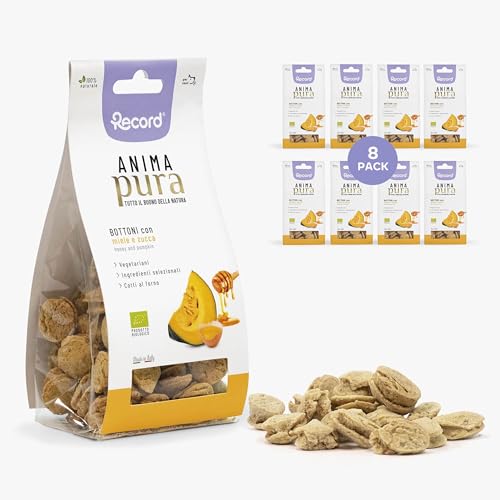 Record Snack Vegetariani Anima Pura per Cani, Formato Risparmio. Biscotti Naturali Cotti al Forno al gusto di Miele e Zucca. Snack Bio per Cani, Made in Italy | Pack da 8 sacchetti da 100 g