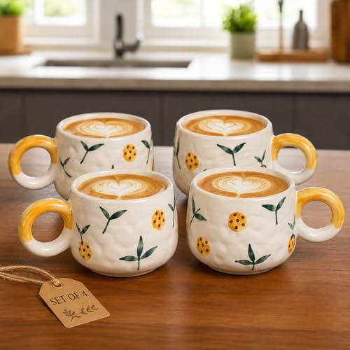 Image of Handcrafted Ceramic Floral Coffee Mug | Daisy Flower Design Tea & Coffee Cup for Home, Office & Gifting | Microwave Safe Mug (Sunflower Set of 4)