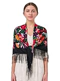 Design : l'ensemble de la cape imprimée, la cape est ornée de plusieurs couleurs de fleurs vives, ce qui est très élégant. Le châle a des pompons en bas, ce qui peut mieux refléter le charme des femmes. Écharpe carrée de style russe, qui peut être pliée en triangle et enroulée autour de votre cou.