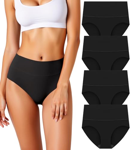 HOHOCHIN Women's Seamless Underwear High Waisted Tummy Control No Show Panties Full Coverage Stretch Briefs 4 Pack (US, Alpha, Small, Regular, Regular, B-4 Pack-Black)