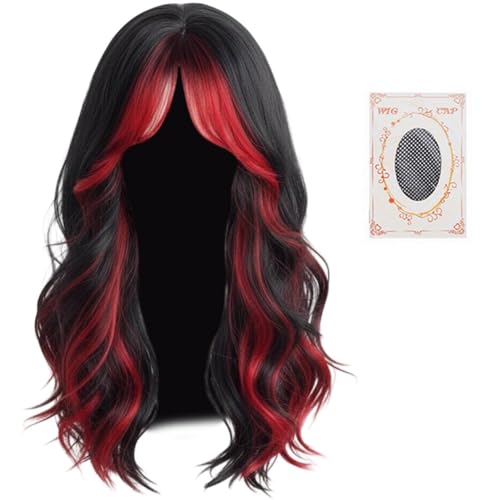 Perruque noire avec mèches rouges longue et bouclée pour métamorphose - 2