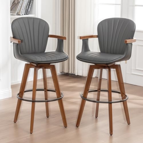 Image of LUNLING 26 inch Counter Height Stools Set of 2,Mid Century Modern Bar Stools,Black PU Leather Kitchen Island Stools,Wood High Barstools Swivel with Back and Arms for Home Bar Furniture