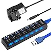 USB Hub Powered 7 Port, Powered USB3.0 2.0 Hub Splitter with Individual LED Power Switches for Laptop Desktop, USB Extension Splitter Including 5V 2A Power Adapter