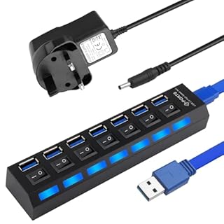 USB Hub Powered 7 Port, Powered USB3.0 2.0 Hub Splitter with Individual LED Power Switches for Laptop Desktop, USB Extension Splitter Including 5V 2A Power Adapter