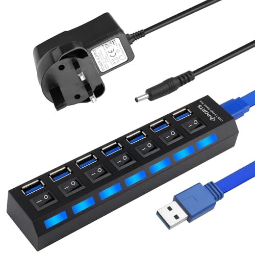 USB Hub Powered 7 Port Powered USB 3.0 2.0 Hub Splitter with Individual LED On/Off Switches Compatible with Windows for Laptop Desktop USB Extension Splitter AC to DC 5V 2A Power Adapter