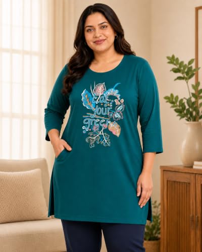 Image of RYSH Women's Plus Size Printed Nightshirt | Round Neck | 3 /4 Sleeve | Relaxed Fit Long Nightwear Top |