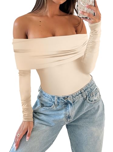 AGECODE Body sexy de manga larga con hombros descubiertos para mujer, Caqui, Large