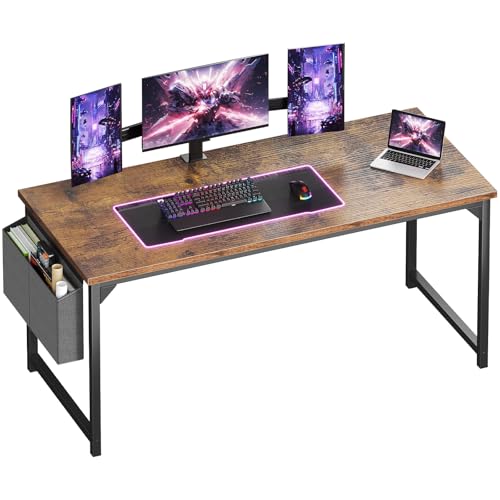 Image of OLIXIS Computer Desk, 63 Inch Gaming Desks for Home Office Small Spaces | Writing Study Craft Work Table, Computer Workstation for Bedroom with Storage Bag, Rustic Brown