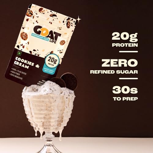 Image of GOAT Life Overnight Oats (75g) | 20g Protein | High Fiber | Instant Oats with Flax & Chia Seeds | No Sugar | Supports Weight Management & Muscle Recovery | Instant Breakfast | (Pack of 5, Cookies & Cream)
