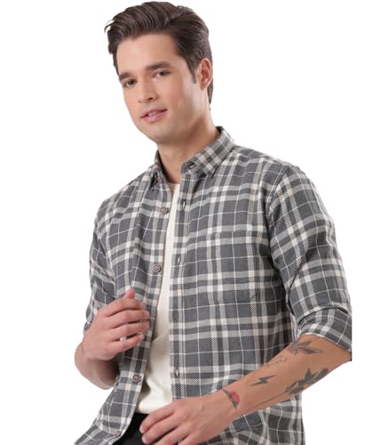 Image of TURMS Men's Casual Checks Shirts, Odor Control, Moisture Wicking, Button Down Collar, Cool Tech Cotton Fabric, Tailored Fit, Full Sleeve