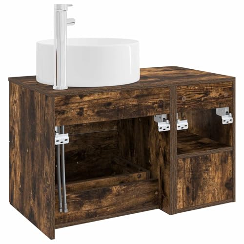 Muebles de baño de roble ahumado con tocador y armario auxiliar de 2 piezas 7