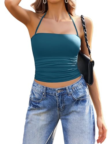 Image of Avidlove Halter Tops for Women Going Out Double Lined Sexy Crop Tank Top Ruched Slim Fit Cami Y2K Outfits Womens Summer Tops