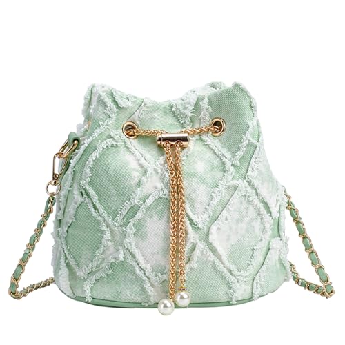 Extolove Bolsa jeans feminina acolchoada com cordão, bolsa Hobo, bolsa tiracolo, Verde e branco