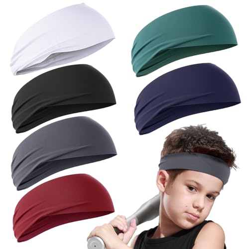 Image of 6Pcs Kids Sports Headbands, Soft Athletic Sweatbands for Boys Girls, Sweat Wicking Soccer Headbands, Wide Elastic Hairband for Youth Baseball Football Yoga Workout