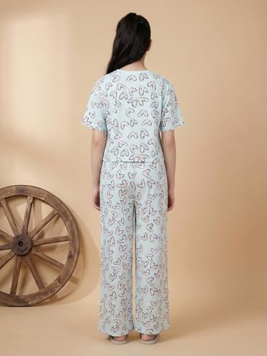 Image of Li'l Tomatoes Girls Cotton Night Suit Set | 100% Cotton Summer Co-Ord Set | Half Sleeve T-Shirt & Full Length Pajama | Soft & Breathable Printed Clothing Set | 9-16 Years